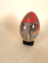 Vintage Art Glass Egg on Wooden Base with Elephant on Both Sides, 5&quot; t - $54.82