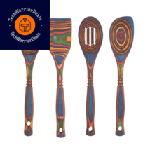 Island Bamboo Rainbow Pakkawood 12&quot; Wooden Spoon Set of 4 with  - £51.95 GBP