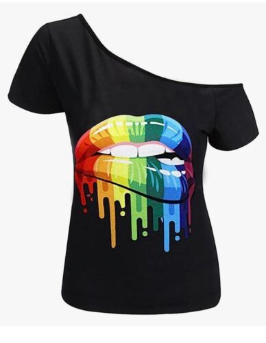 Primary image for MAGICMK Rainbow Lips Off The Shoulders Black T-Shirt Women’s SMALL