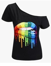 Magicmk Rainbow Lips Off The Shoulders Black T-Shirt Women’s Small - £15.63 GBP