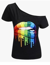 MAGICMK Rainbow Lips Off The Shoulders Black T-Shirt Women’s SMALL - £15.56 GBP