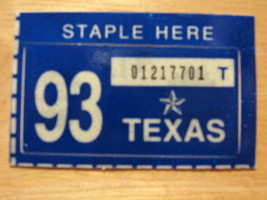 1993 TEXAS PLATE RENEWAL STICKER FOR PASSENGER CAR - £3.74 GBP