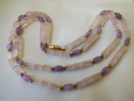 Genuine Amethyst Rose Quartz beads strand necklace 32.5&quot;L gold tone spacers - £51.27 GBP