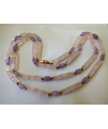 Genuine Amethyst Rose Quartz beads strand necklace 32.5&quot;L gold tone spacers - £50.60 GBP