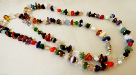 Genuine Sone Nuggets &amp; Color Glass beads strand necklace 30&quot;L gold tone spacers - £30.86 GBP