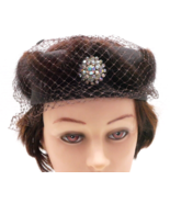 VTG Union Made Brown Fascinator Hat With Netting Brooch &amp; Fur 20&quot; - £20.95 GBP