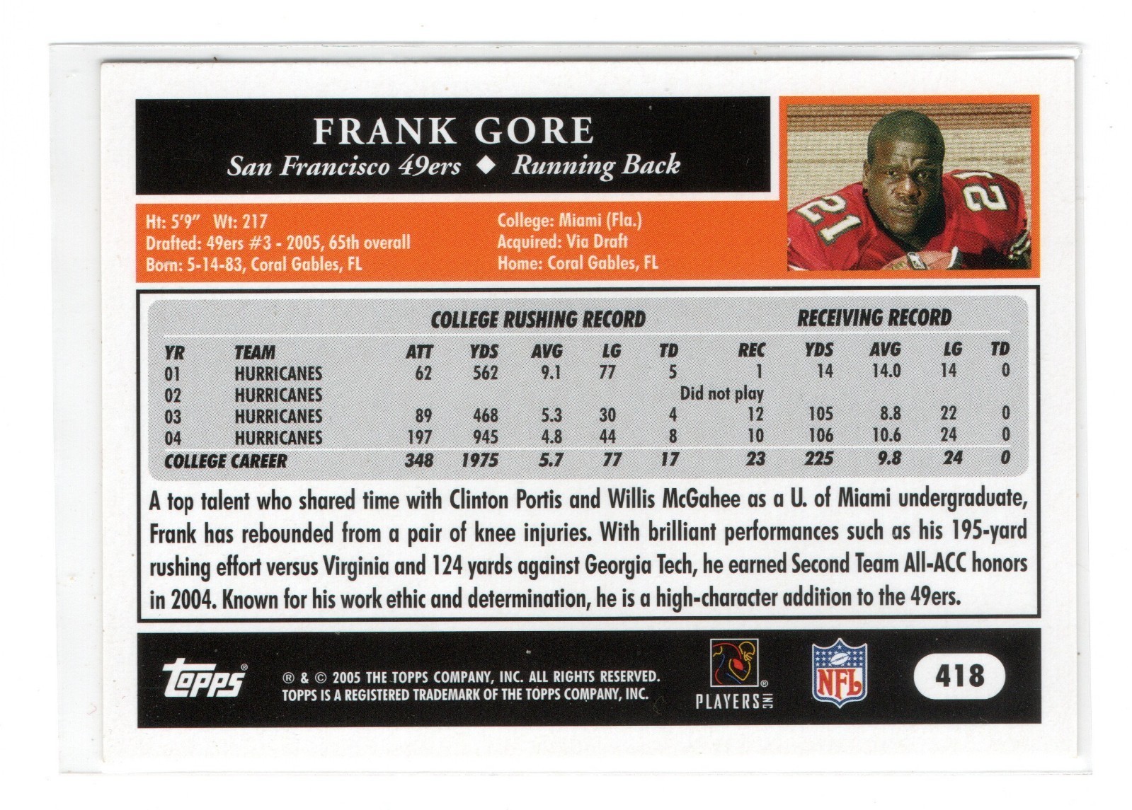 2005 Topps 50th Anniv. Football Frank Gore #418 Rookie San Francisco 49ers RC NM Item image 2