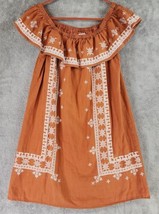 Joy Joy Dress Womens Small Orange Aztec Embroidered Off the Shoulder Ruffle Mini - £15.81 GBP