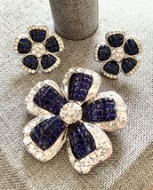 Vintage Avon Sapphire Blue Flower Brooch and Earrings Set Silver Tone Crystals - £65.82 GBP