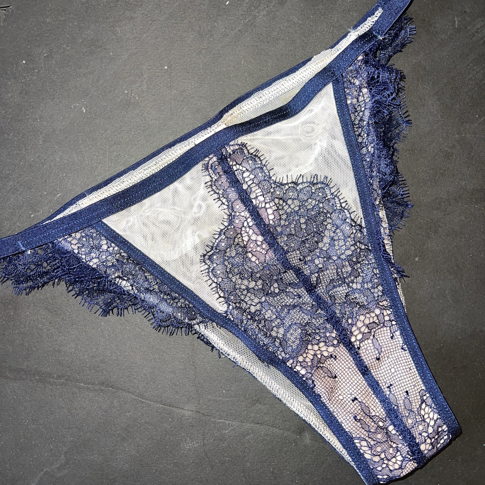 NWT Victoria&#39;s Secret M itsy PANTY Beige Navy Blue LACE MESH Very Sexy - $29.69