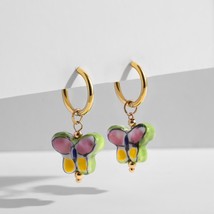 Y2k Aesthetic Hand Painted Butterfly Earrings for Women Stainless Steel Circle H - $12.14