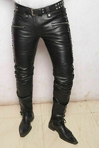 Men&#39;s cowhide Leather  laced  Pants Designer Slim Fit Black Skinny Trouser - £140.75 GBP