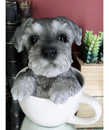 Realistic Grey Adorable Schnauzer Dog In Teacup Statue 5.75&quot; Tall Pet Pa... - $32.99