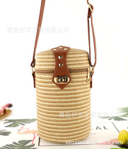 Bucket-shaped grass casual woven women&#39;s bag retro messenger straw beach bag - £22.74 GBP