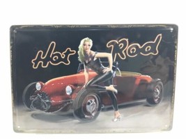 Hot Rod Pin-Up Girl 3D Tin Metal Sign 12”x 8” Approx Blonde Woman W/ Vintage Car - $11.41