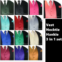 MEN SOLID PROM Tuxedo Suit Dress Vest Waistcoat &amp; Neck Tie HANKIE Weddin... - $20.64+