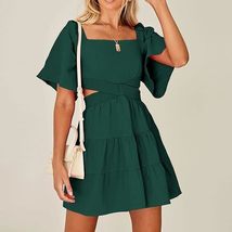 Square Neck Short Sleeves Crossover Waist Casual Party Mini Dress - $37.99