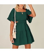 Square Neck Short Sleeves Crossover Waist Casual Party Mini Dress - $37.99