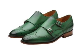  New Green Men&#39;s Monk Double Buckle Straps Wing Tip Brogues Toe Real Leather Sho - £112.76 GBP