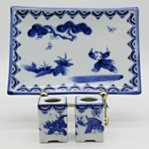 Candle Holders on Tray Children at Play 3 Piece Set Blue &amp; White MCM Japanese - £21.41 GBP