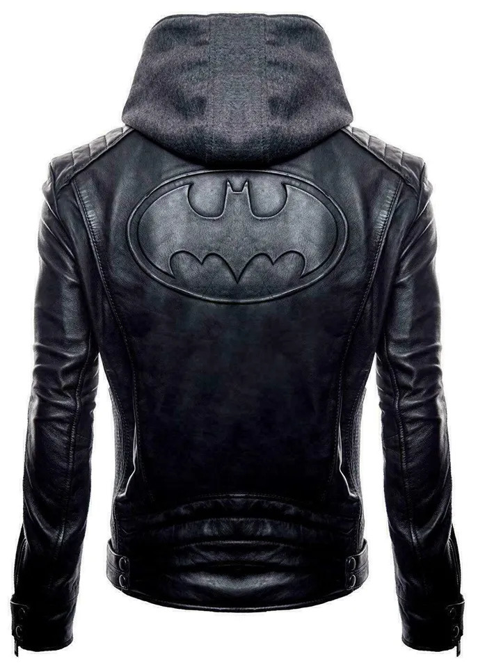 Men's Black Batman Arkham Bruce Wayne Bat Logo Hooded Leather Jacket