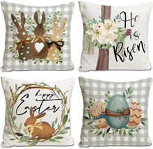 Happy Easter Throw Pillow Covers 18X18 Set of 4 Bunny Eggs Buffalo Plaid He Is R - £16.51 GBP