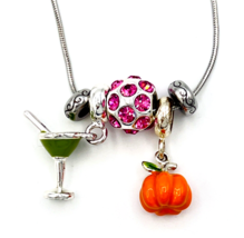 Pumpkin Martini Pink Disco Ball Charm Necklace 24 in JCM Stainless Steel Chain - $23.76