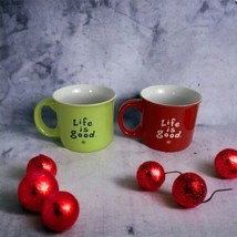 Life Is Merry Good Home  Mug Set of 2 Santa Hap Holiday Christmas Red Gr... - $52.07