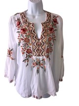 JOHNNY WAS Medium White Sheer Floral Embroidered Shirt Blouse Cotton Top - $79.26