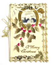 Vintage Christmas Card Greeting Gold Embossed Mica Lined Cord Germany - £21.18 GBP