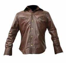 S&quot; Men&#39;s Real Leather Shirt Military Style Pocket Biker Brown Schwarz - €43,42 EUR