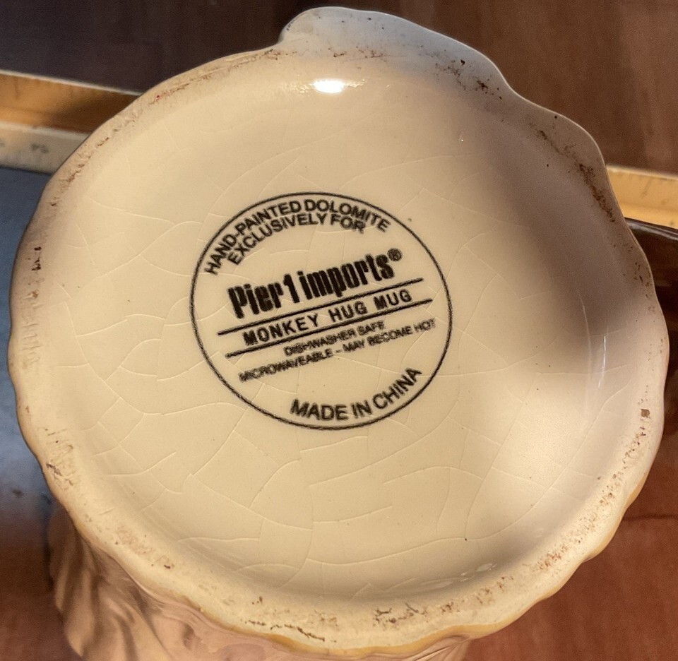 Pier 1 Imports Monkey Hug Mug  Hand Painted Dolomite Stoneware Chimp Tail Handle Item image 2