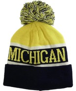 Michigan Wide Stripe Winter Knit Pom Beanie Hat (Gold/Dark Blue) - £15.68 GBP