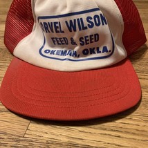 VTG Red White Trucker Snapback hat cap Orvel Wilson Feed &amp; Seed Okemah Oklahoma - £6.60 GBP