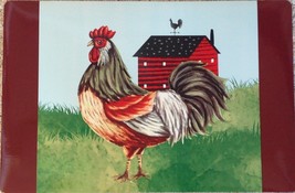 Rooster and Red Barn Farm Pattern Placemats Set 4 Vinyl 17&quot; x 11&quot; New - £14.99 GBP