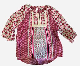 Crown &amp; Ivy Pink &amp; Blue Medallion Boho 3/4 Sleeve V-neck Blouse Size Large - £11.91 GBP