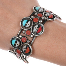 6.25&quot; c1960&#39;s Zuni sunface row cuff bracelet sterling turquoise/coral - $706.86