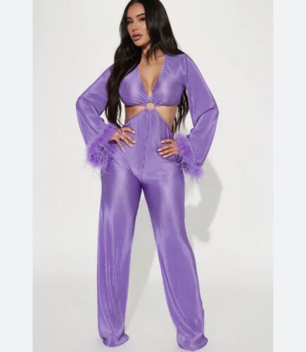 Primary image for No.1 Feather Jumpsuit S Purple Georgette Accordion Pleated Wide Leg Cuff V Neck