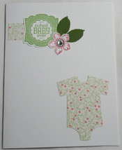 Stampin Up! Handmade card Cutest Baby Ever Bodysuit Green Pink White w/envelope - £4.85 GBP