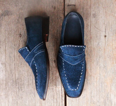 Handmade Men&#39;s Navy Blue Suede Penny Loafers, Men Designer Dress Fashion Shoes - £114.46 GBP