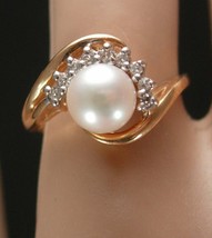 Genuine Pearl &amp; 8 Diamond ring 14kt gold engagement cluster Edwardian style  - £259.79 GBP