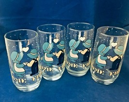 4 1988 drinking glasses clear blue white black “Welcome friends” 5” - $9.89