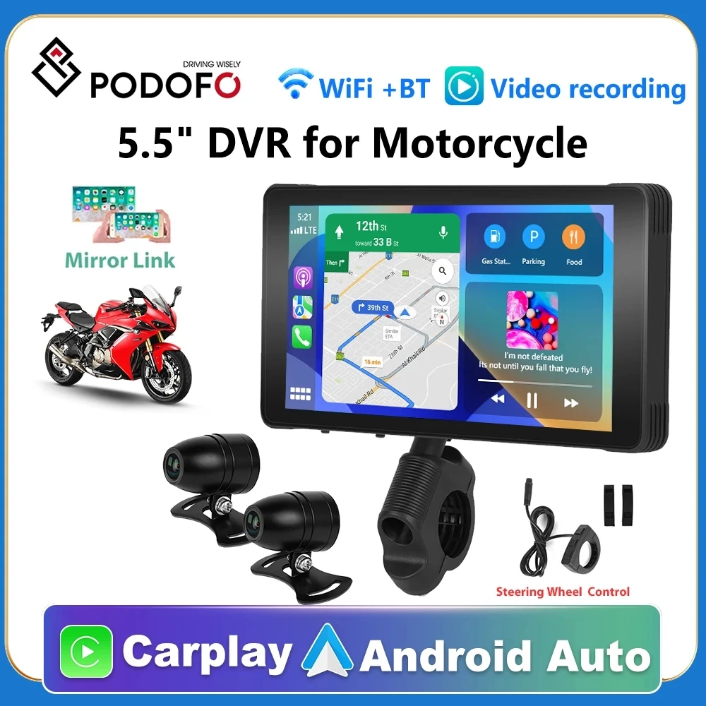 Podofo Motorcycle Wireless CarPlay Android Auto Player Moto Car DVR Loop Record - £143.54 GBP+