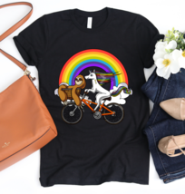 Sloth Unicorn Riding Bicycle Funny Rainbow Animal Unisex T-Shirt - £22.03 GBP