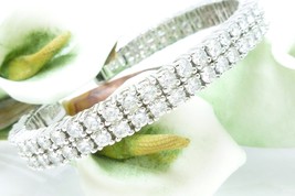 Sterling Silver Double Row Tennis Cuff Bracelet Simulated Diamonds Average Size - $135.00