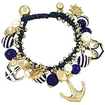 Anchor Charm Bracelet Blue White Striped Multiple Charms Auralee &amp; Company - £15.61 GBP