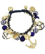 Anchor Charm Bracelet Blue White Striped Multiple Charms Auralee &amp; Company - £15.82 GBP