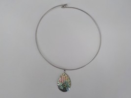 Hawaiian Choker Necklace Abalone Teardrop Shell Pendant Silver Color Cable #7 - £7.71 GBP