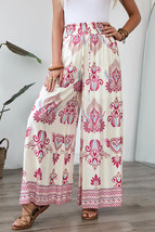 Rose Boho Printed Shirred High Waist Flowy Wide Leg Pants - $340.42 MXN