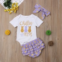 NEW Easter Bunny Gold Peeps Baby Girls Bodysuit Ruffle Bloomers Outfit 12-18 M - £8.69 GBP